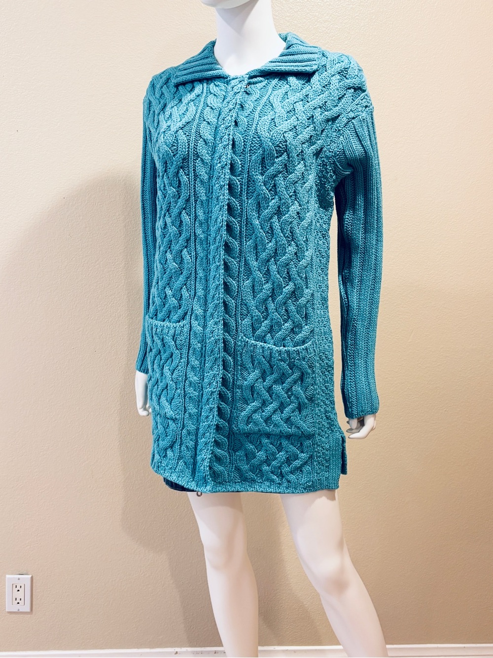 Aran Crafts Merino Wool Zip Up Long Cardigan Sweater Size M Teal Ireland Knit
